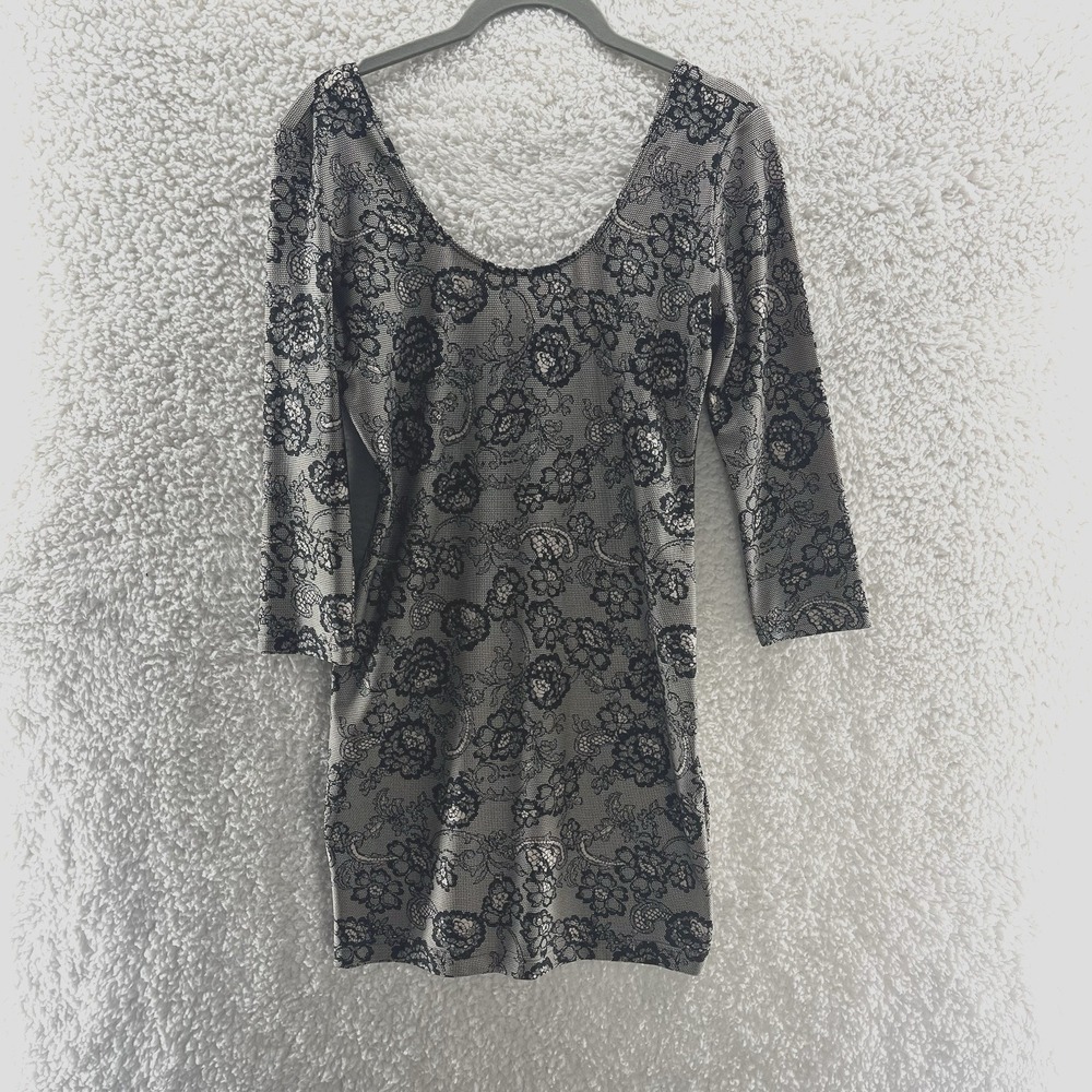 90s Bodycon Dress Size Large Printed Black Floral Lace Fitted Sexy Date Night